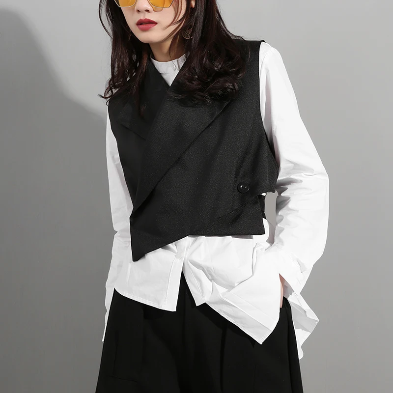 [EAM] 2021 новый весенне летний жилет с отворотом без рукавов черными пуговицами и