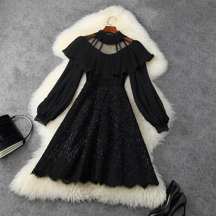 

Женская зимняя одежда в европейском и американском стиле, новинка 2020, стильные модные кружевные платья в стиле пэчворк с длинным рукавом и в...