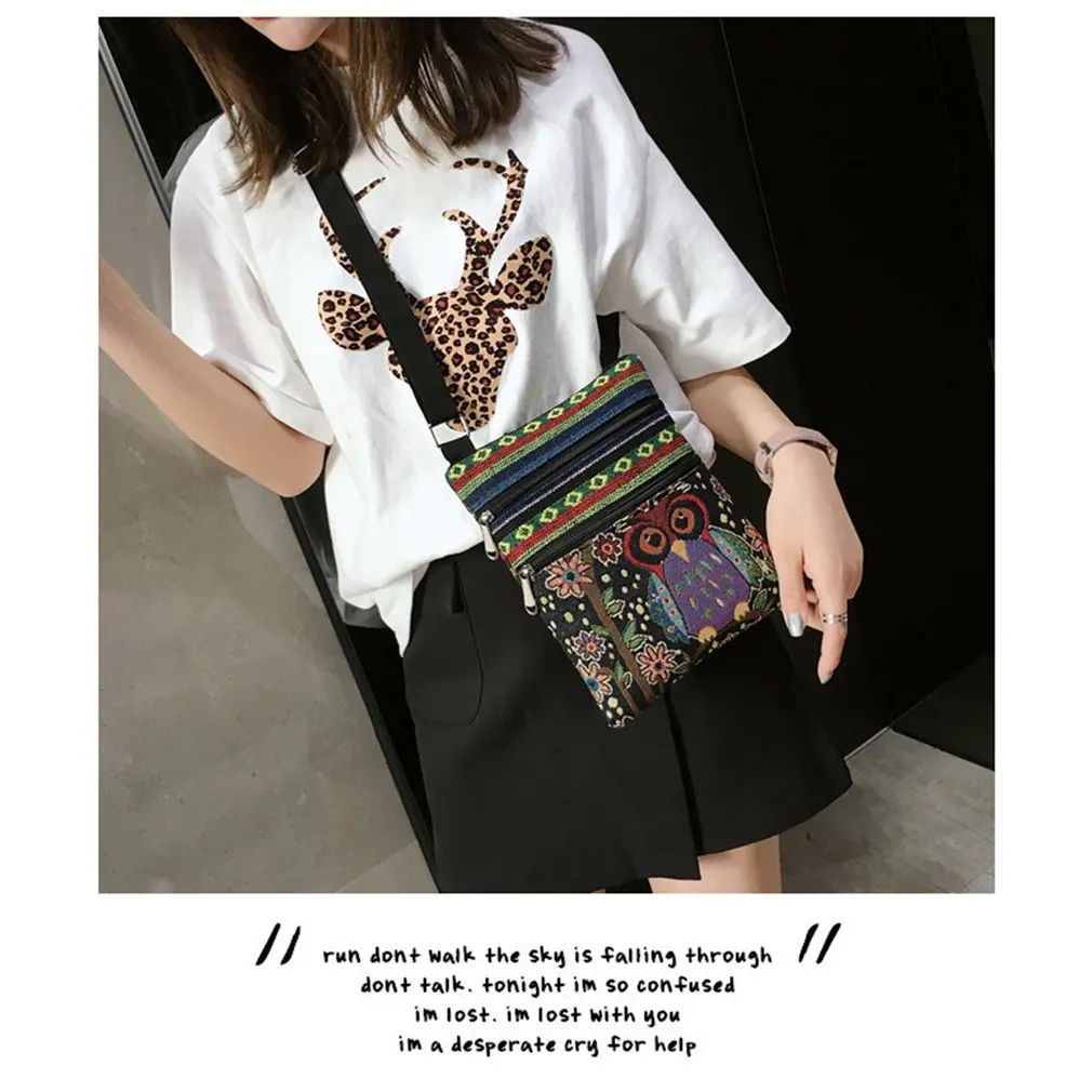 

Casual Ladies Embroidered Owl Print Bags Women Zipper Shoulder Bag Handbags Postman Package Girls Satchel