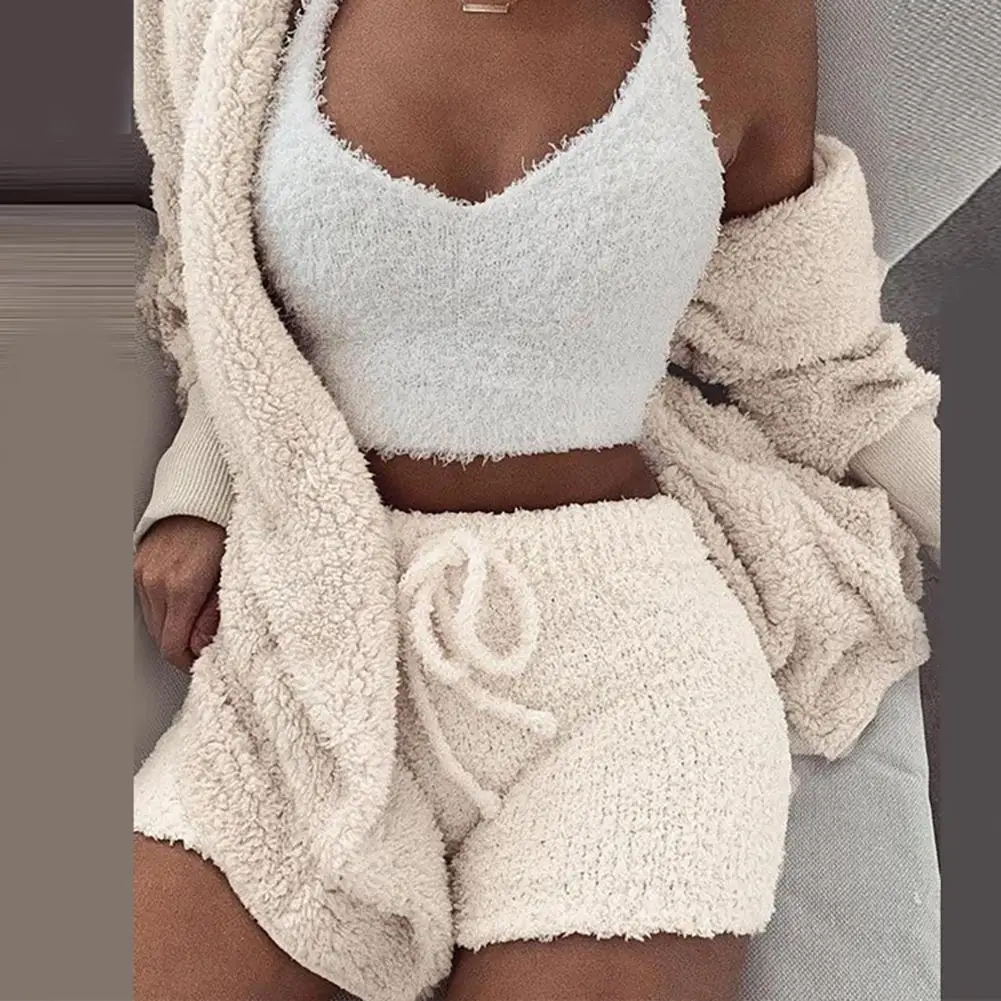 

3Pcs/Sets Fluffy Plush Warm Hood Cardigan Coat Shorts Crop Top Women Tracksuit Outfit Casual Sports Sweatshirts For Womem