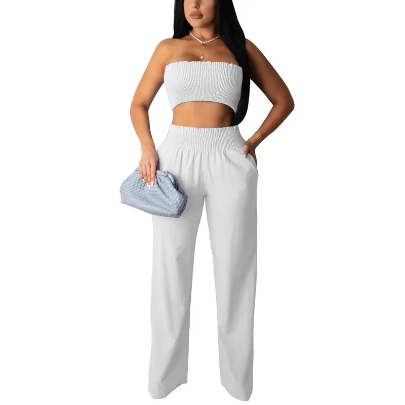 

Sexy Suits Tube Top Outfit Women Chic Strapless Tube Top and Wide Leg Pants 2 Piece Summer Two Piece Set