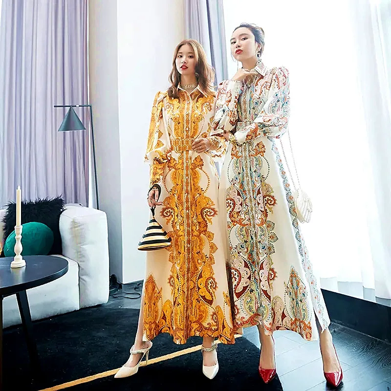 

With Belt Woman Dresses Luxury Golden Floral Dress Women Vestido Robe Elegant Arab Ladies Long Lantern Sleeve Dresses SY114