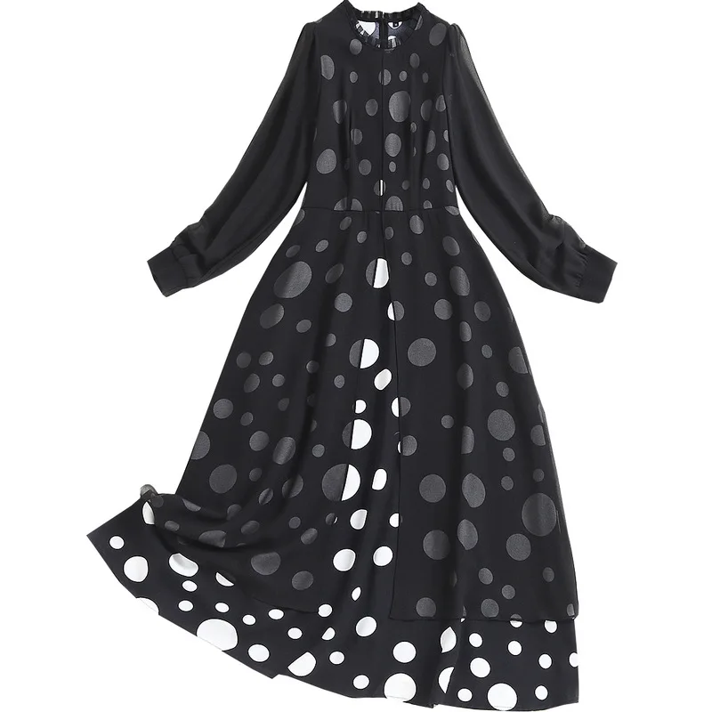 

SHUCHAN Black Women Dresses Summer 2021 Spring/Autumn Whiet Dot Mid-Calf Vintage Dress for Women O-Neck Long Sleeve