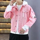 Мужская Осенняя джинсовая куртка с капюшоном, розовая хлопковая куртка из денима с дырками, уличная одежда, верхняя одежда