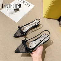 pointed low heeled breathable hollow womens sandals 2021 dots mesh transparent pvc bow ladies sandals black sexy womens shoes