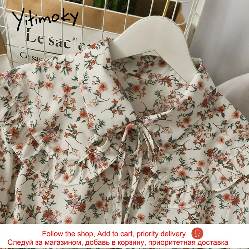 

Yitimoky Women Blouses Floral Print Shirts Spring 2021 Korean Fashion New Long Sleeve Lace Up Edible Tree Fungus Ruffled Clothes