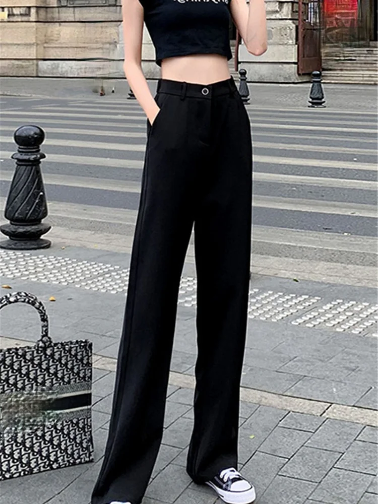 

ZHOUTAYLOR Women Bottoms Pants Full Length Button Pockets Wide Leg Pants Femme Loose Office Lady Zipper Fly Trousers Females