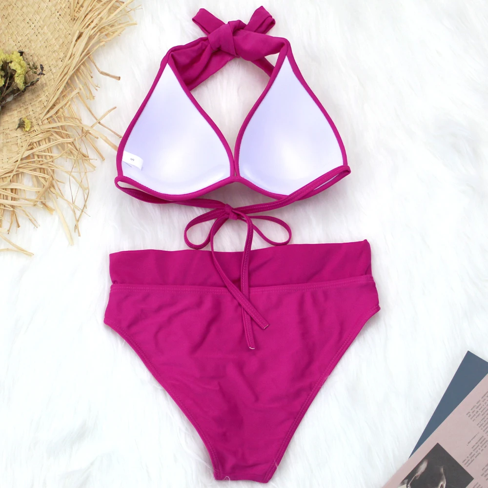 Сексуальный розовый бикини купальник с лямкой на шее Женский комплект из двух