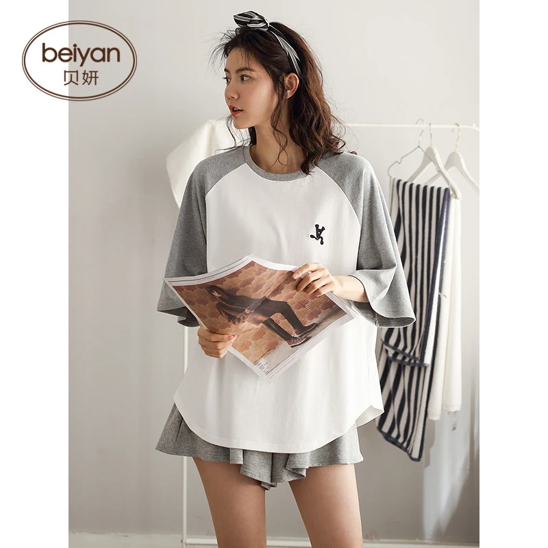 Летняя Хлопковая пижама в комплекте с шортами тонким рукавом модная Свободная