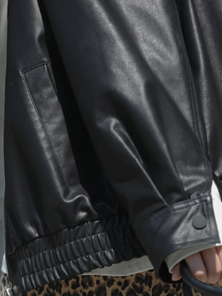 

Lautaro Autumn Black Oversized Soft Faux Leather Cargo Jacket Women Drop Shoulder Long Sleeve Casual Loose Korean Fashion 2021