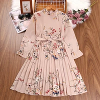2022 new spring teenage girls floral dresses with belt casual kid girl long sleeve princess costume party dress children clothes