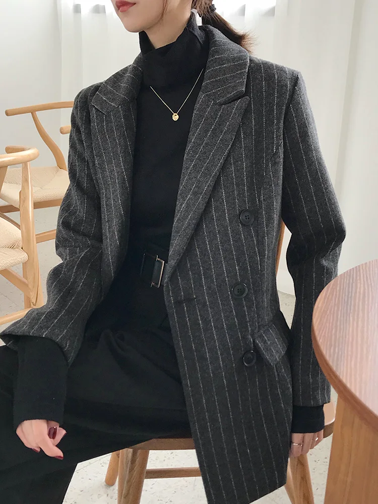 Новинка Полосатые Шерстяные блейзеры Женская куртка Осенний высококачественный