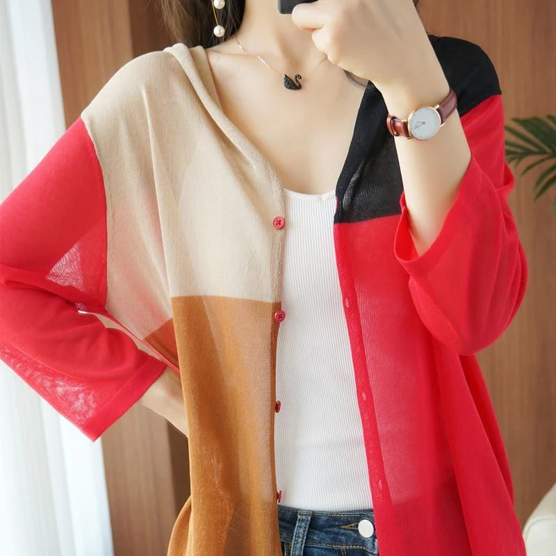 

Summer 3/4 Sleeves Thin Knitted Coat Contrast Color Knitwear Jacket Tops Fashion Patchwork Hooded Sunscreen Cardigan For Women