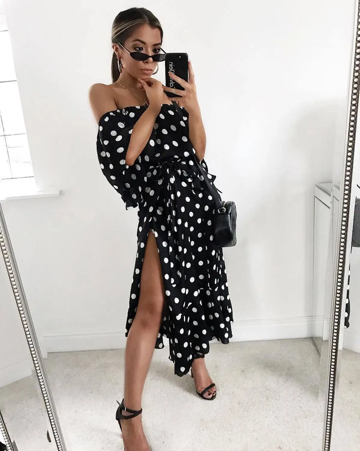 Женское шифоновое платье в горошек Zaraing длинное пляжное с открытыми плечами