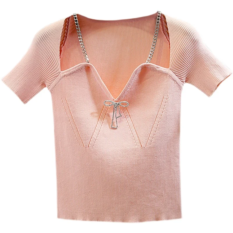 

Summer Knitwear Diamond-Embedded Bow Metal Chain Low V-neck Slim-Fit Skinny Stretch Knit T Shirts Lady Chic Top Female Clothes
