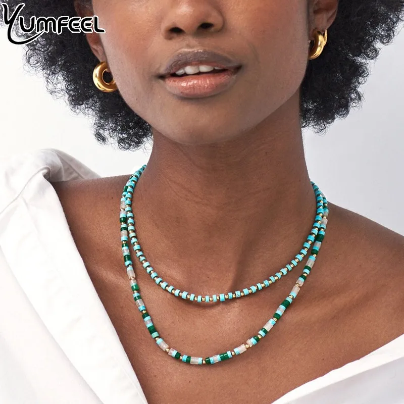 

Yumfeel New Bohemian Turquoise Stone Women Necklaces Trendy 14K Gold Plated Heishi Beads Jewelry Femmal Handmade Gift