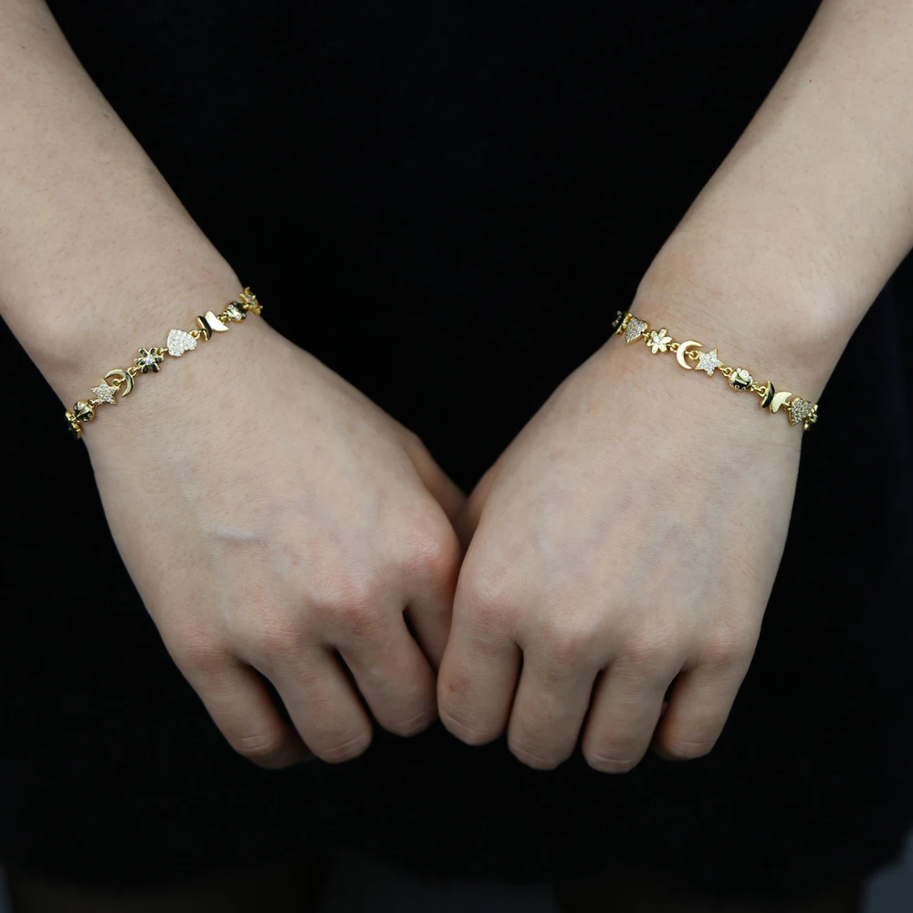 

5А цельный кубический циркон выложенный цветок Звезда Сердце Луна очаровательный браслет с позолоченным покрытием обручальный свадебный б...