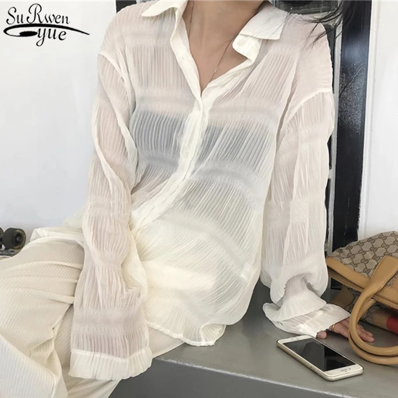 

2021 Cardigan Chiffon Puff Sleeve Tops Long Sleeve Women Shirt Sun Protection Pleated Casual Plus Size Loose Blouse Women 10140