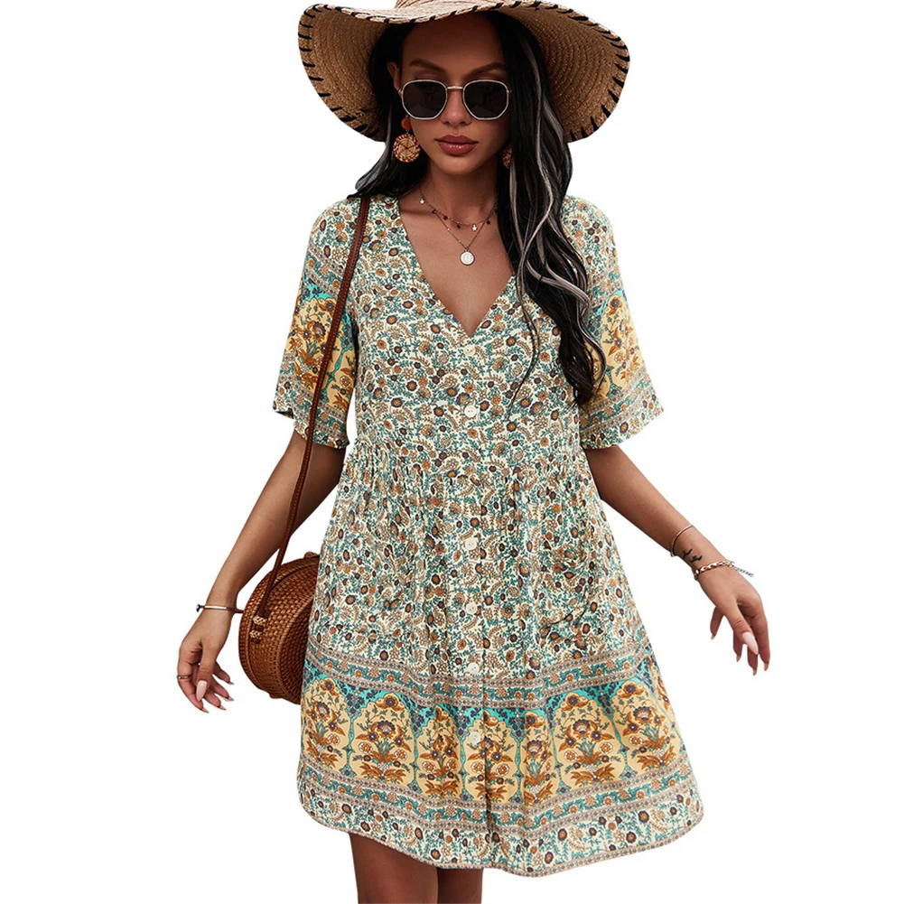 

Women's Floral Print Short Dress Short Sleeve High Waist V-Neck Button up Flowy Dress for Party Beach Summer H9