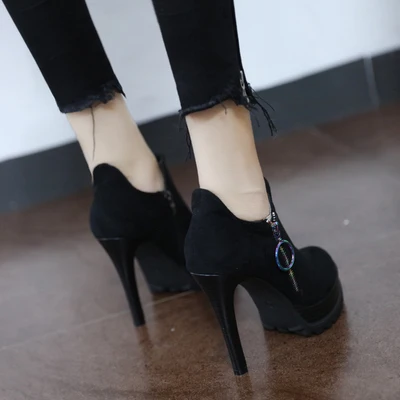 Женские ботинки на высоком каблуке Черные Водонепроницаемые с круглым носком