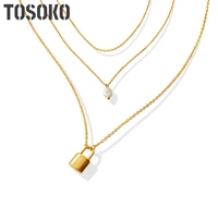 tosoko stainless steel jewelry freshwater pearl double layered lock pendant necklace womens fashion clavicle chain bsp755