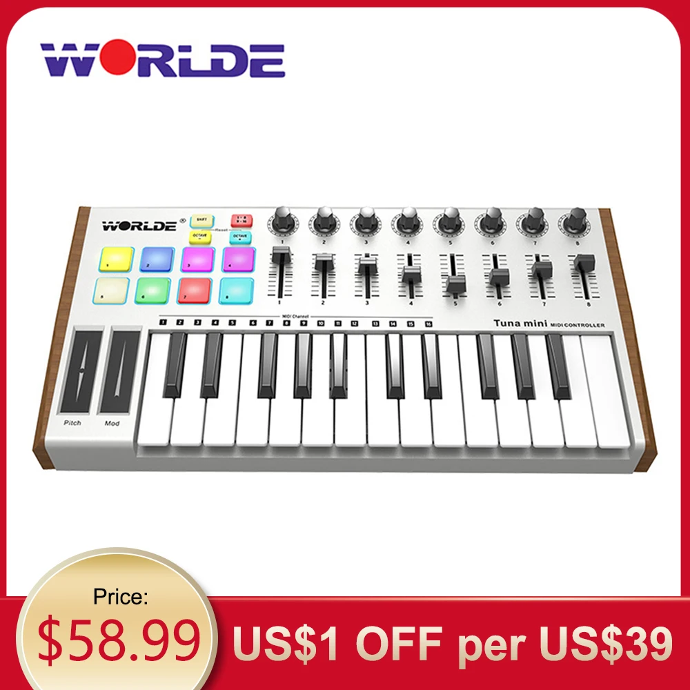 WORLDE Midi клавиатура контроллер тунца 25 клавиш USB MIDI 8 RGB с подсветкой триггерные