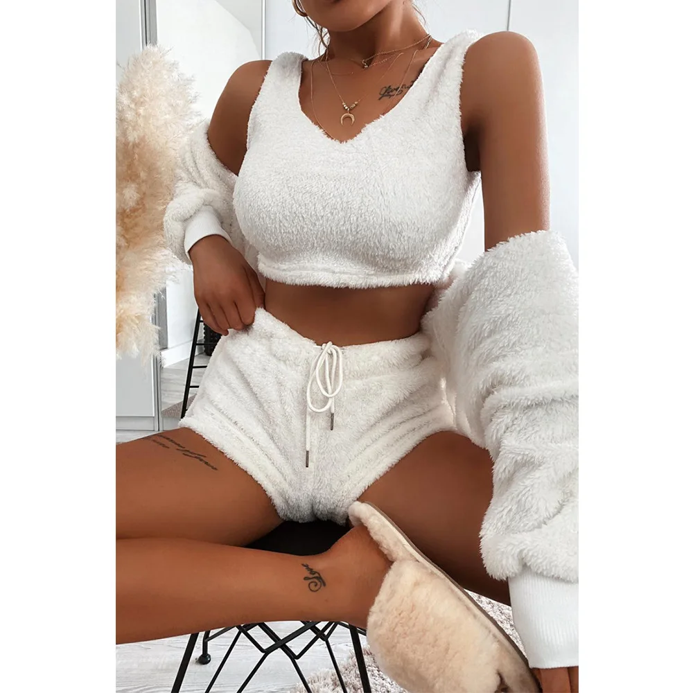 

Autumn And Winter Super Hot Lazy Style Home Service Loose Cardigan Jacket Plush Suit Three-piece Warm And Fashionable