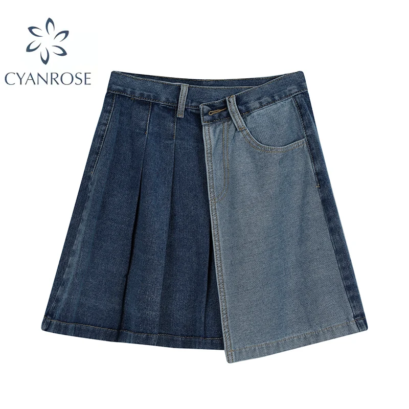

2021 Autumn Women Streetwear Irregular Denim Mini Pleated Skirt High Waist Jeans Shorts Skirts Women Patchwork Fashion Korean