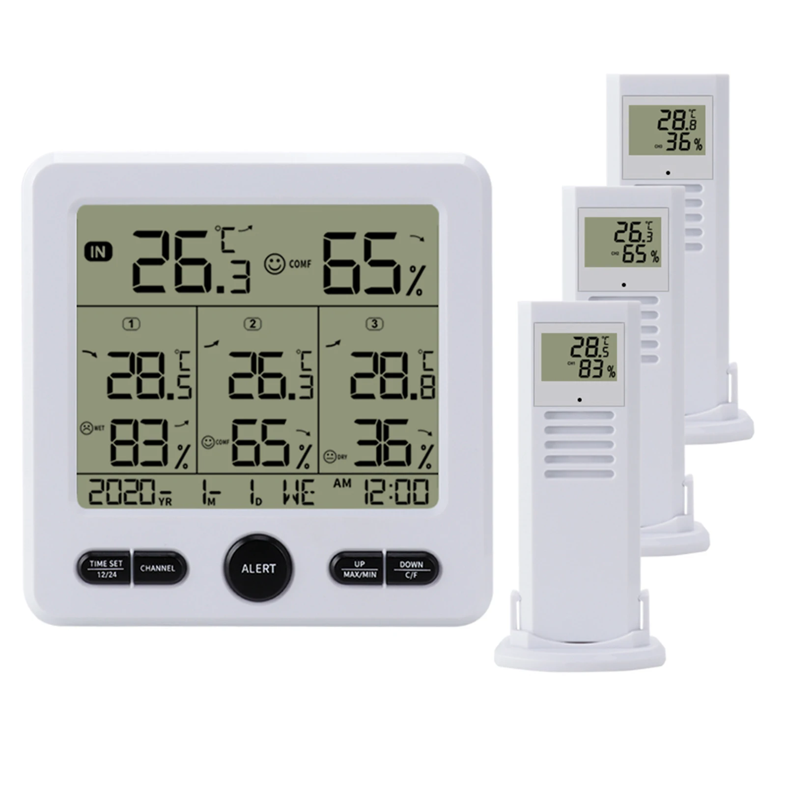 

Digital Wireless Thermohygrometer with 3 Remote Sensors 30m Backlight Alarm Calibration Function Temperature Humidity Monitor