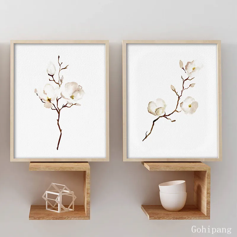 

White Beige Brown Magnolias Canvas Painting Floral Wall Art Botanical Print Poster Nursery Decorative Wall Pictures Unframed