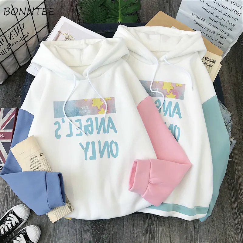 

Hoodies Women Patchwork Hooded Korean Style Harajuku Loose Thickening Womens All-match Students Sweet Casual Long Sleeve Tops