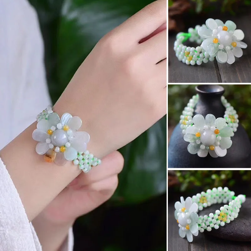 

Цветочный браслет из натурального нефрита, зеленый, класс А, ювелирные изделия из нефрита, подарок, этнический плетеный трос, вязаный зелены...