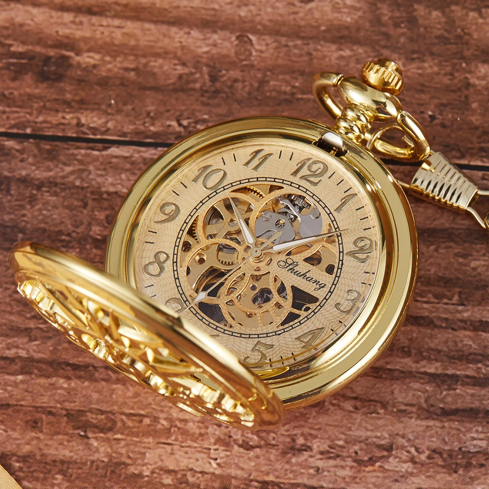Retro Bronze Gold Mechanical Pocket Watch Vintage Hollow Gear Engraved Pocket Watches Fob Chain Necklace Flip Hand Winding Clock