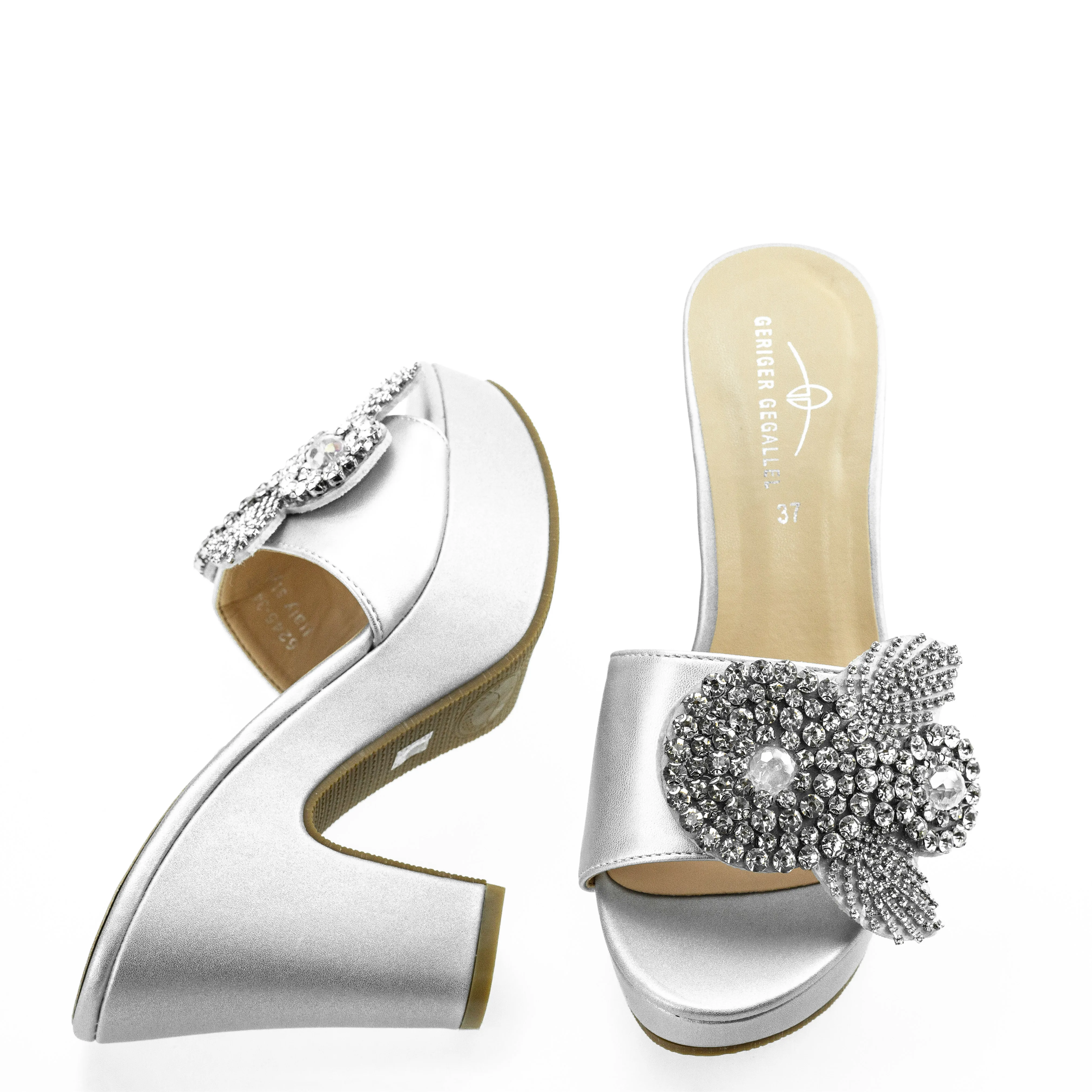 Floral Decor Chunky Women Mules Sandals Silvery Ladies Platform Shoes 6245-34 Plus Size 41 42 Party Dress Pumps Sqaure Heel Shoe