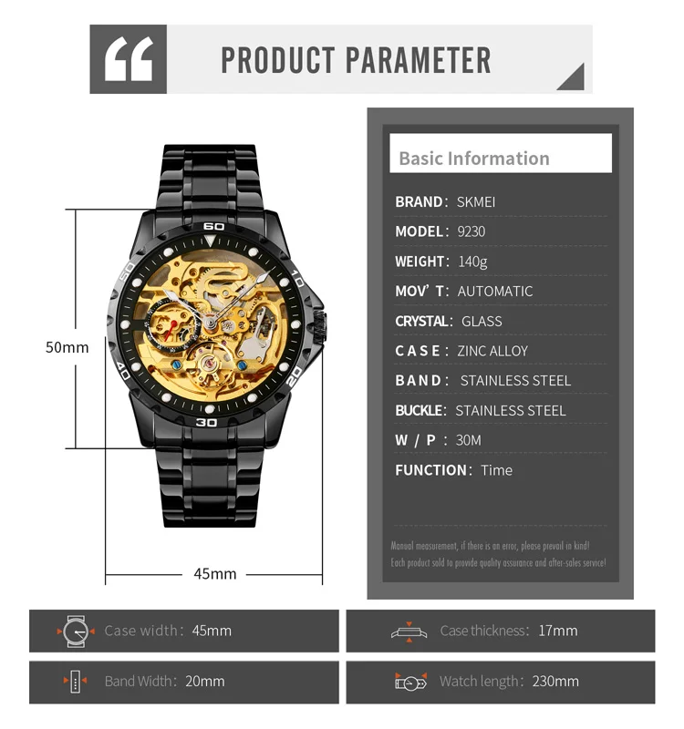 

SKMEI Fashion Automatic Mechanical Mens Watches Luxury Waterproof Stainless Steel Band Wristwatch Male Clock Reloj Hombre 9230