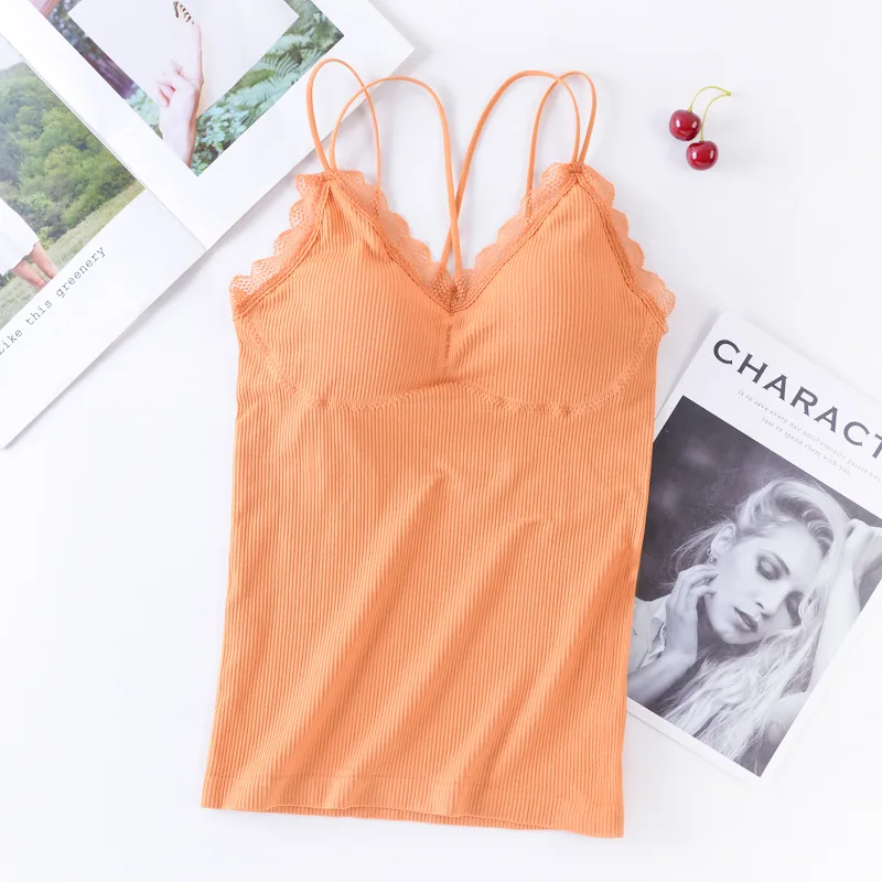 

Hot-selling seamless vest ladies lace comfortable long version with chest pad breathable beautiful back fashion vest TB2009
