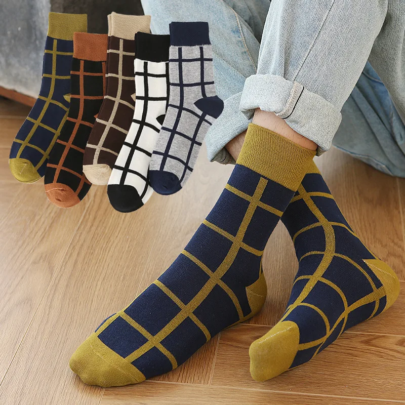 

New British Style Plaid Color Matching Mid-Calf Socks Men's Cotton Personality Men Trendy Socks In Stock Wholesale