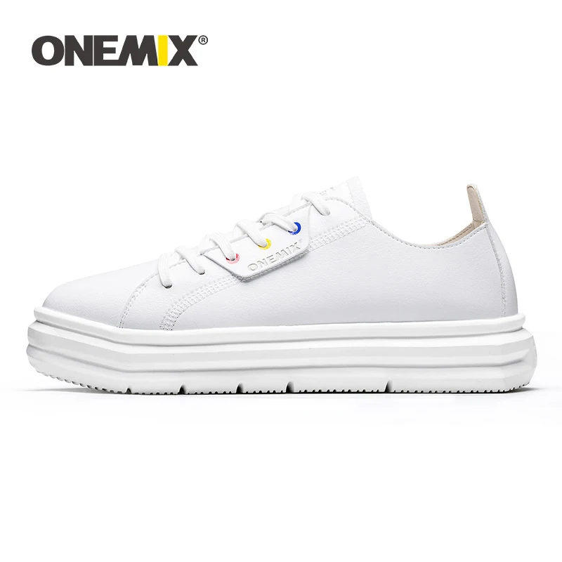 

ONEMIX Men Skateboarding Shoes White Classic Women Platform Shoes Leather Increasing Men Outdoor Trekking Shoes Walking Sneakers
