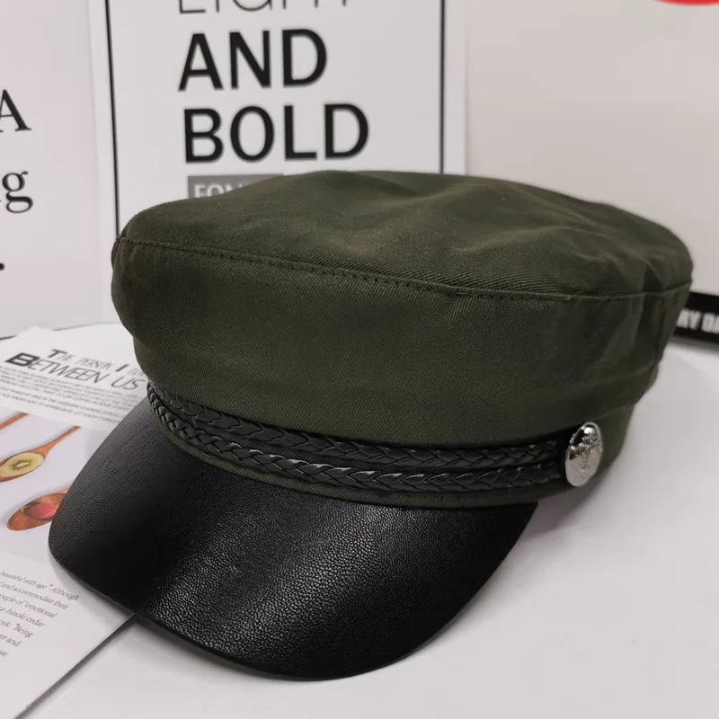 Dark Green Cotton Британский стиль, военная шапка из искусственной кожи, осенне-зимняя шерстяная шляпа моряка для женщин, черная плоская Женская кепка для путешествий, Кепка Капитана - Цвет: Dark Green Cotton
