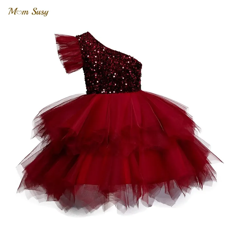 

Baby Girl Sequins Tutu Dress One Shoulder Infant Toddler Princess Vestido Mesh Ruffle Xmas Party Birthday Baby Clothes 1-5Y