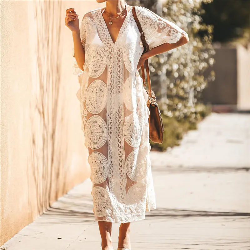 Sexy See Through Deep V-Neck Loose Summer Beach Dress Chiffon Tunic Women Plus Size Beachwear Sarongs Plage Long Dress N880