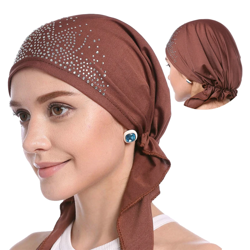 

2020 Fashion Muslim Headscarf Hat Thin Summer Inner Hijab Caps Solid Color Diamond Turban for women Bonnet India Headwrap Hats