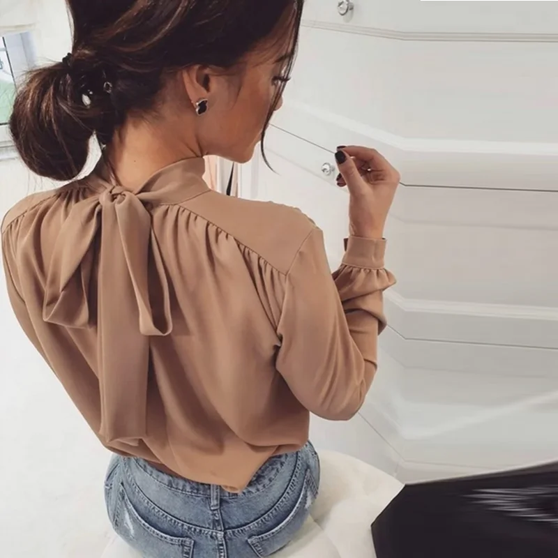 

Women Office Lady Back Bow Bandage Blouse Long Sleeve Stand Collar Solid Elegant Casual Shirts 2021 Autumn New Fashion Blouse