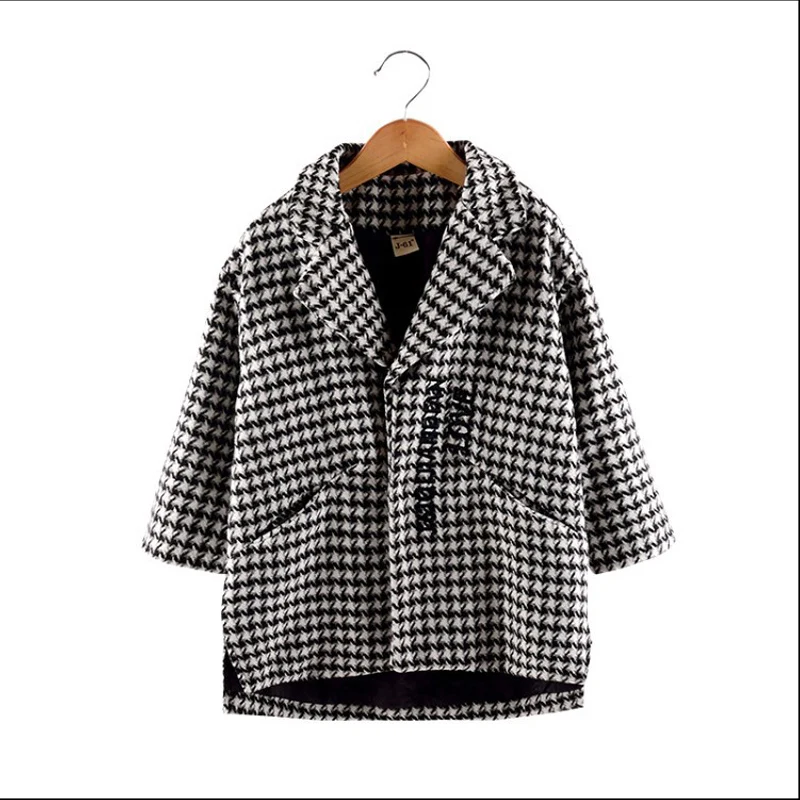 

New 2020 Girl's Winter Woolen Coat Children's Fashion Thickened Medium-Long Lapel Letter Embroidery Houndstooth Overcoat 110-160