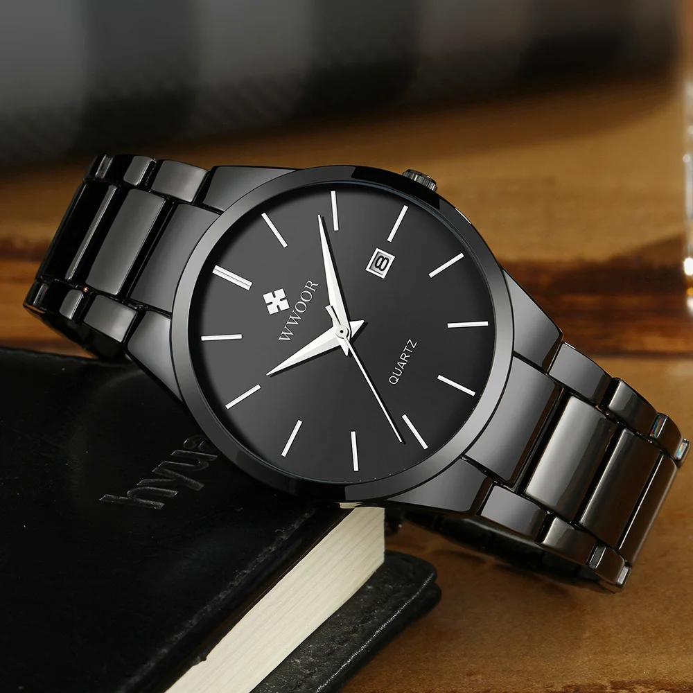 WWOOR 2021 New Top Brand Luxury Men Stainless Steel Fashion Black Watch Business Waterproof Date Wristwatches Relogios Masculino