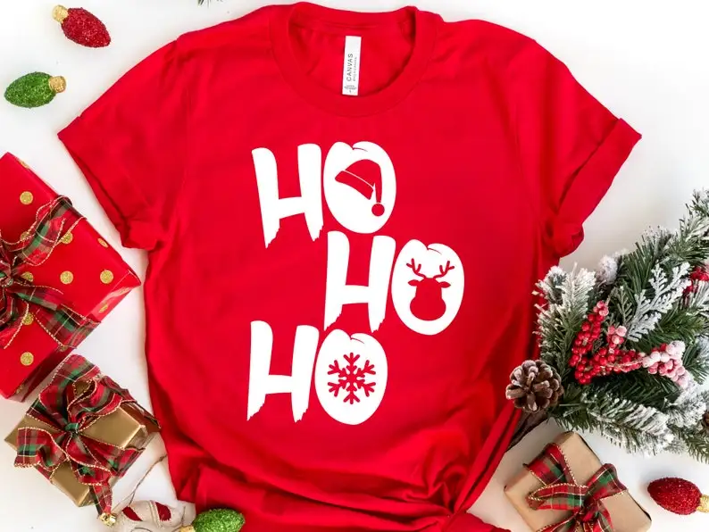 

Ho Ho Ho Christmas Shirt, Holiday Santa Gift, Santa Short Sleeve 100% Cotton Top Tee Funny Letter Print Graphic O Neck Unisex