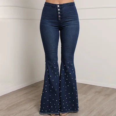 Dark Blue Для женщин Высокая талия джинсы из денима, тянущиеся Бисер Boot Cut металлическая кнопка Femme плюс Размеры брюки - Цвет: Dark Blue