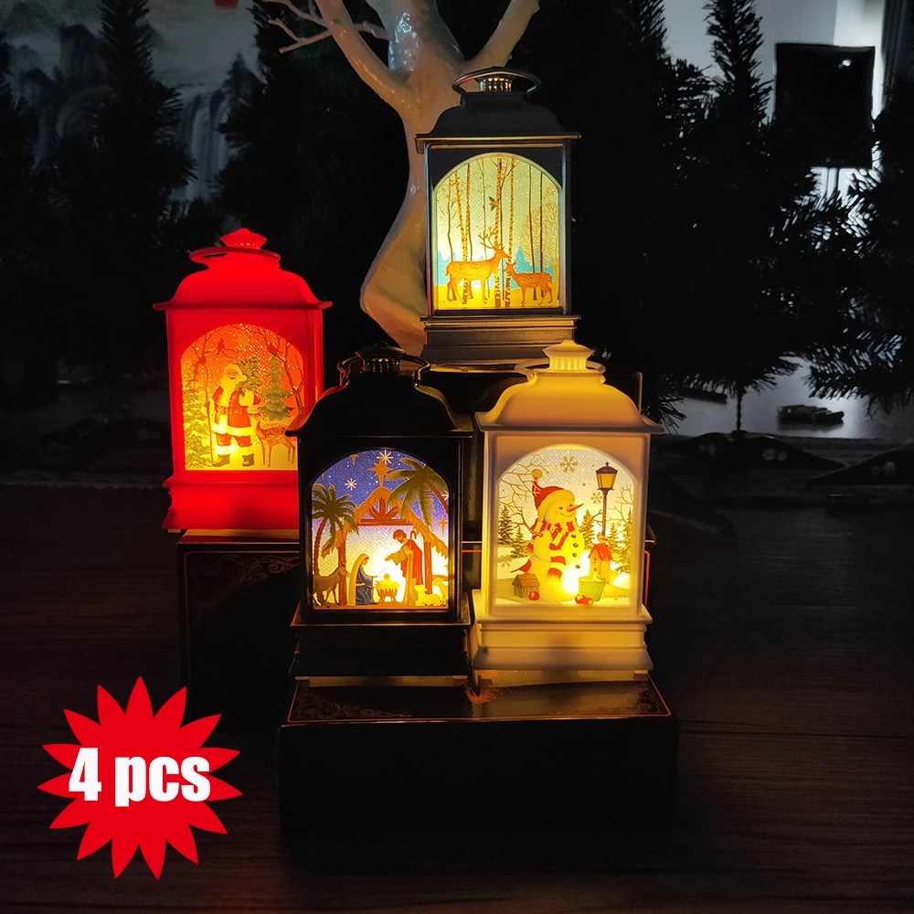 

4 pcs/Set Led Hanging Lamp for Christmas Mixed Painted Santa Claus Snowman Elk Lantern Portable Christmas Lights Xmas Tree Decor