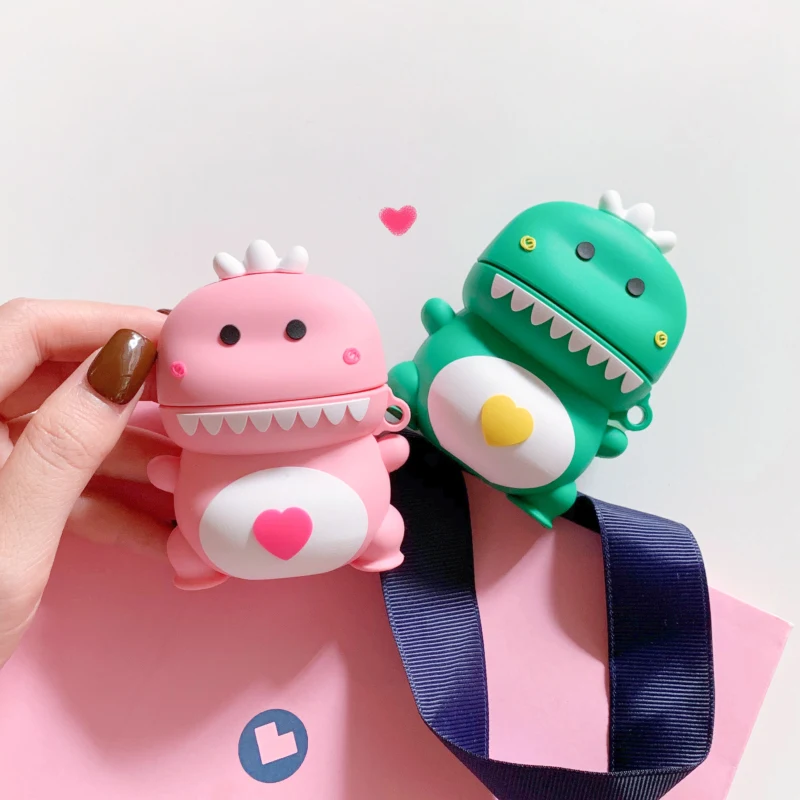 

3D Cartoon Love heart funny dinosaur headset silicon soft Case For Apple Airpods 2 1 Wireless charging Bluetooth earphone cover