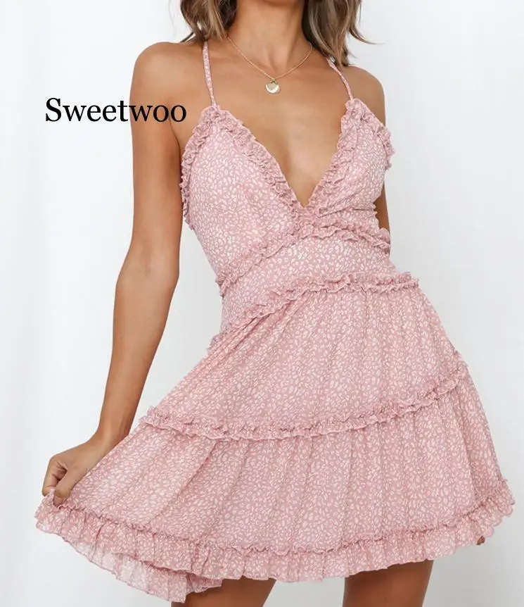 

Print Backless Dress Women Beach Style Spaghetti Strap A-line Dress Femme Casual Sleeveless Summer Dress Vestidos